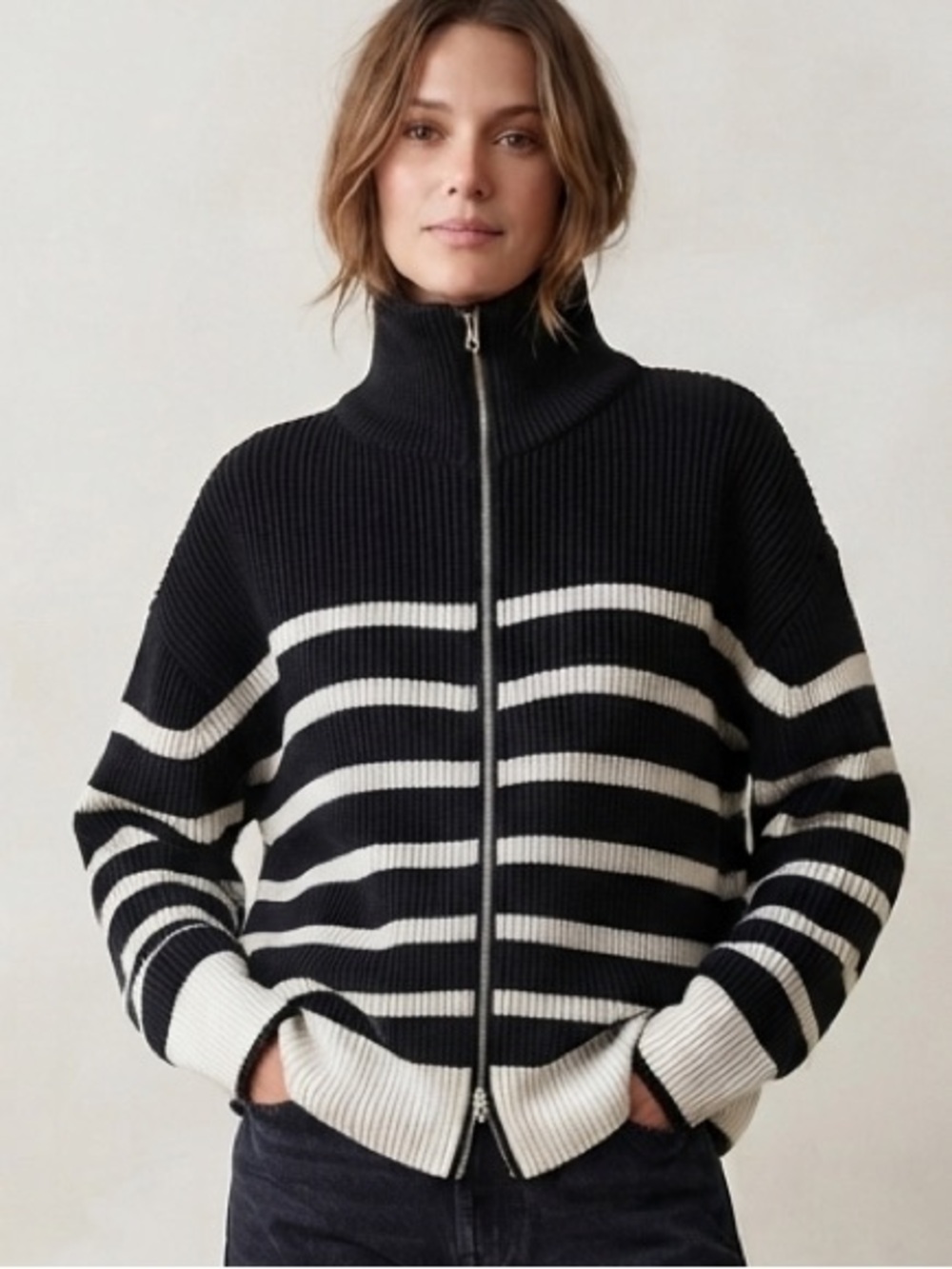 Zara Sz L Full Zip Knit Nautical Strip Relaxed Cardigan